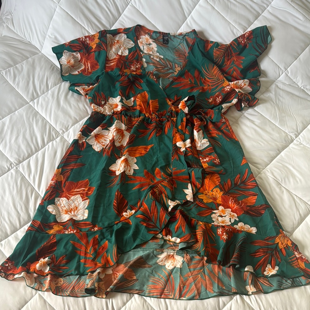 Floral Green and Orange Wrap Dress